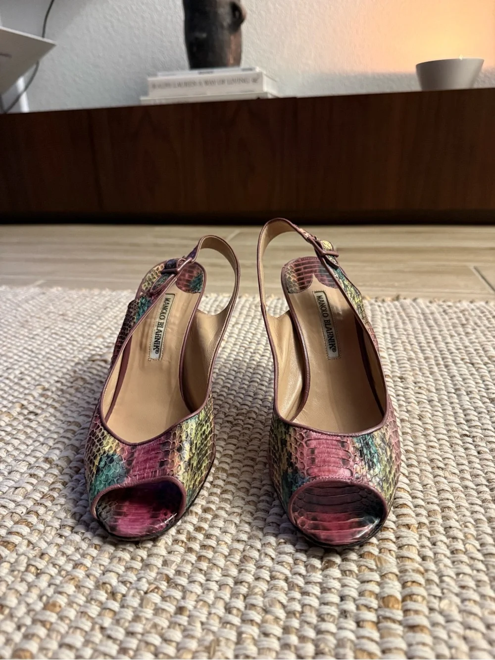 Vintage Manolo Blahnik Snakeskin Slingback Heels | Peep-Toe Pumps | Size 39.5
